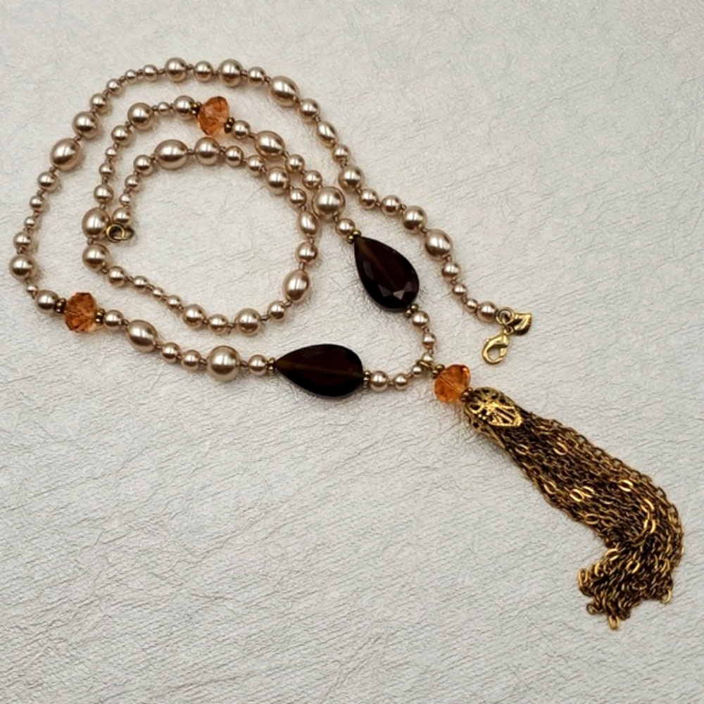 Carolee Champagne Pearls & Gold Tassel Pendant Necklace - Picture 3 of 8